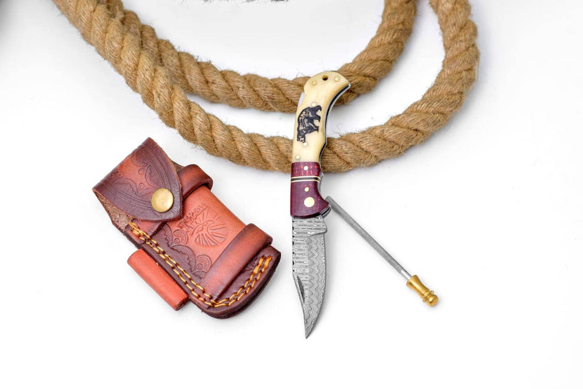 Titan International Bear Engraved Damascus Folding Knife with Leather Sheath