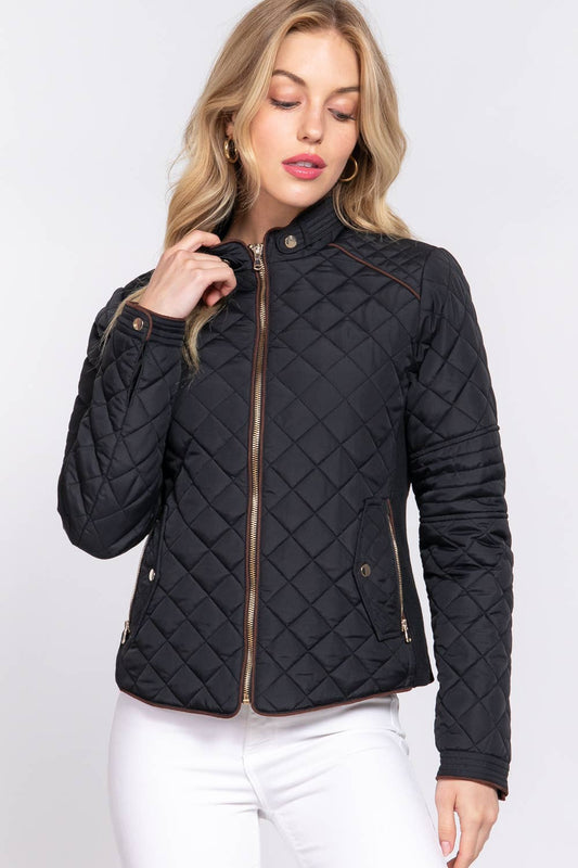 Suede Piping Detail Rib Quilted Padding Jacket