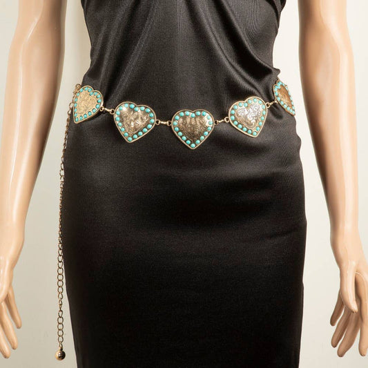 Anarchy Street Engraved Heart Concho Turquoise Bead Chain Belt
