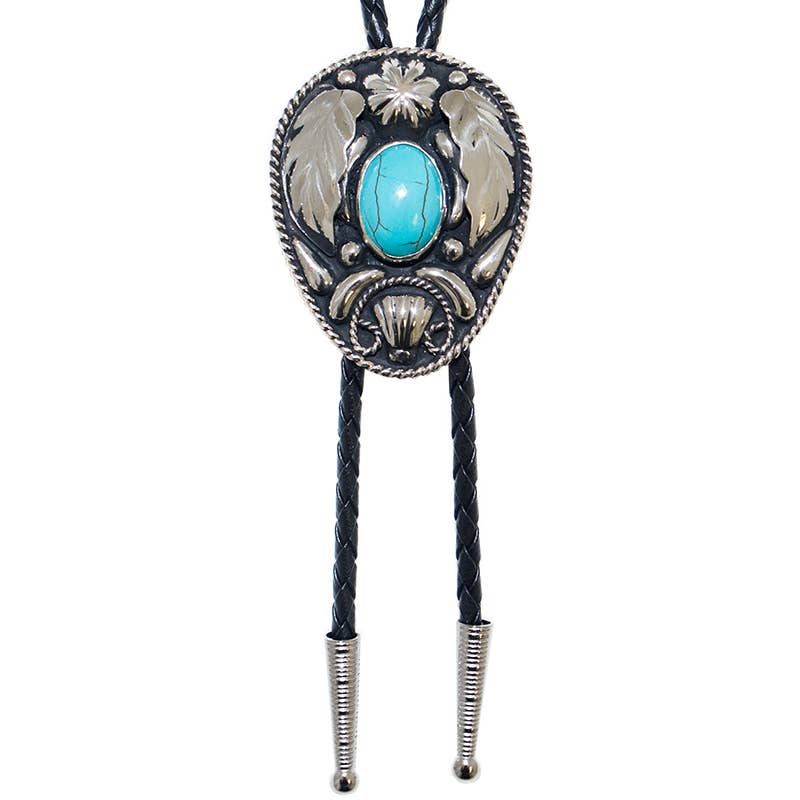 Turquoise Stone on Oval German Silver Bolo Tie with Feathers