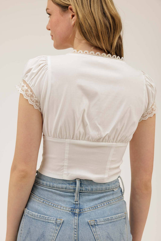 Blu Pepper Lace Trim Button Down Front Tie Crop Top – White