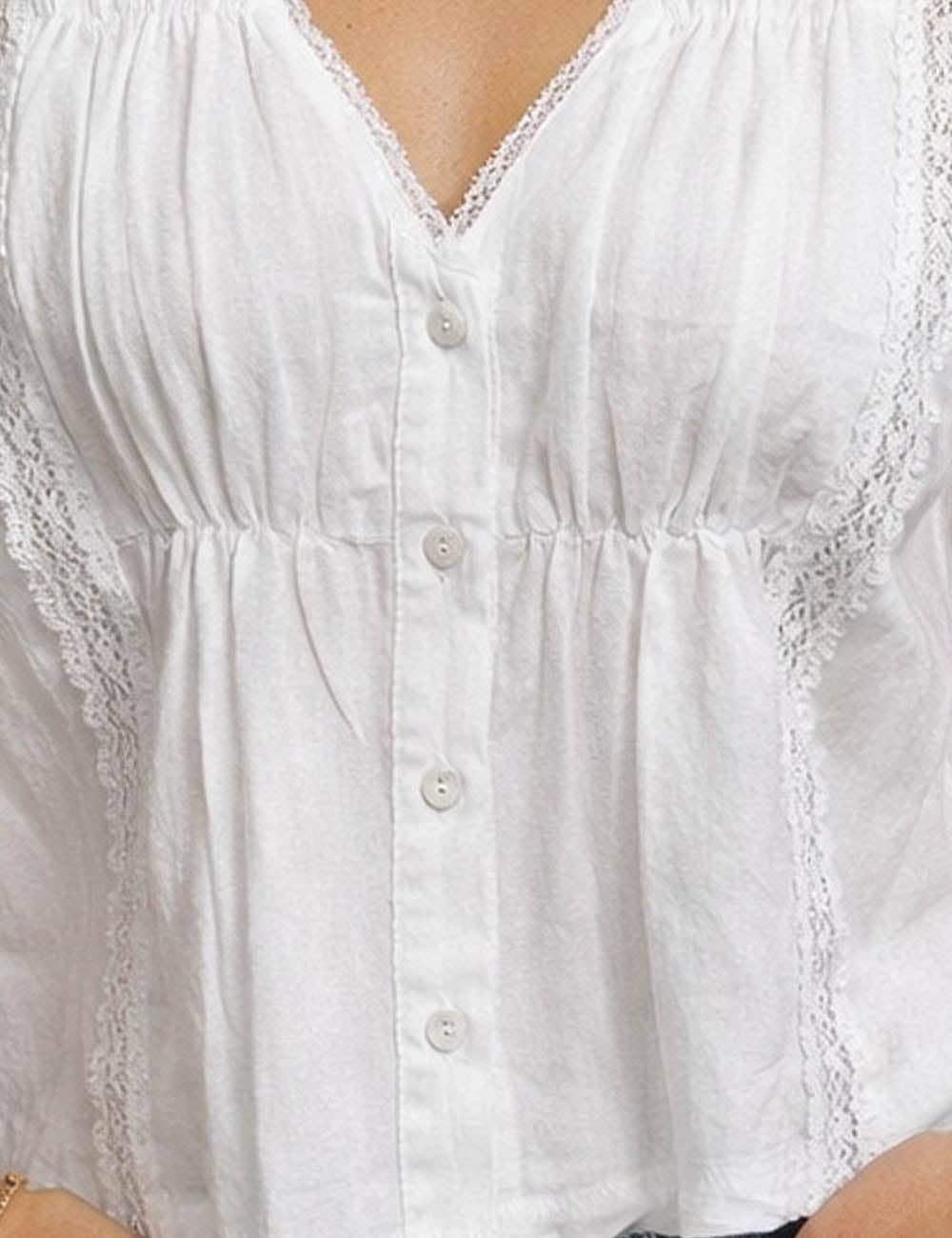 Ladies Boho V-Neck Lace Trim Solid Color Short Sleeves Top