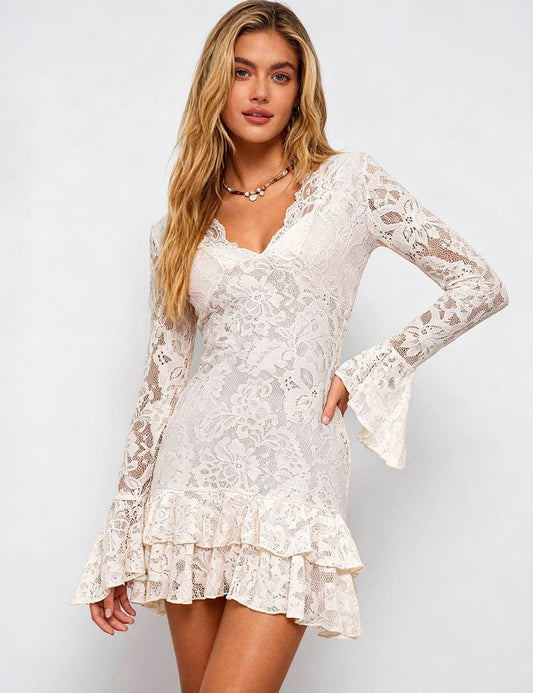 Sweet Kama Brand Ladies White Lace Scalloped Trim V-Neck Tiered Ruffle Mini Dress