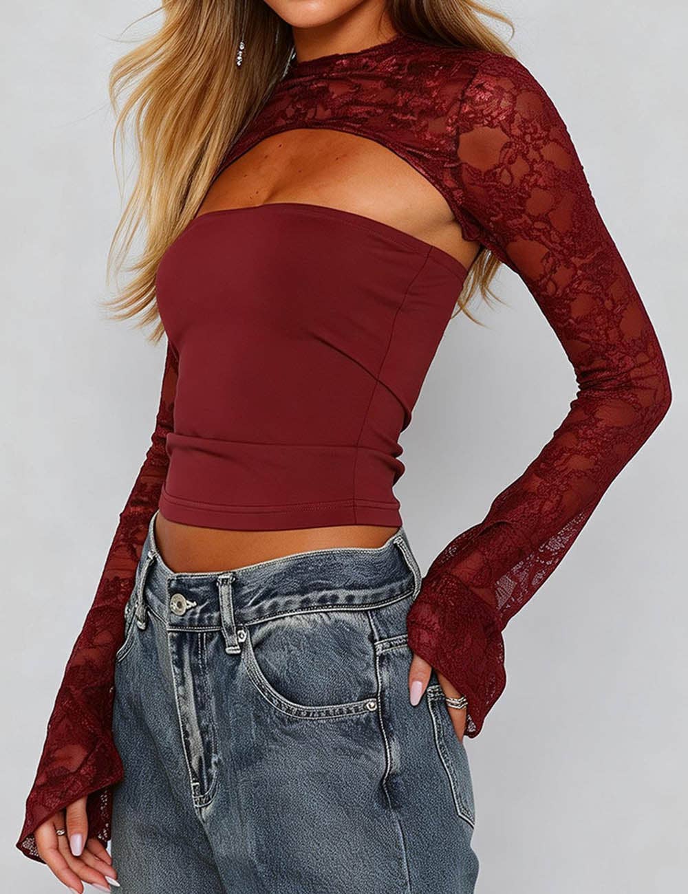 Sweet Kama Women's Lace Splice Cutout Flared Long Sleeves Bodycon Top