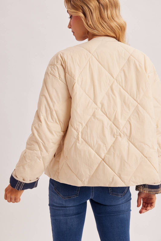 Peace Love Line Women's Contrast-Cuff Puffer Jacket (PM6144) – Ecru