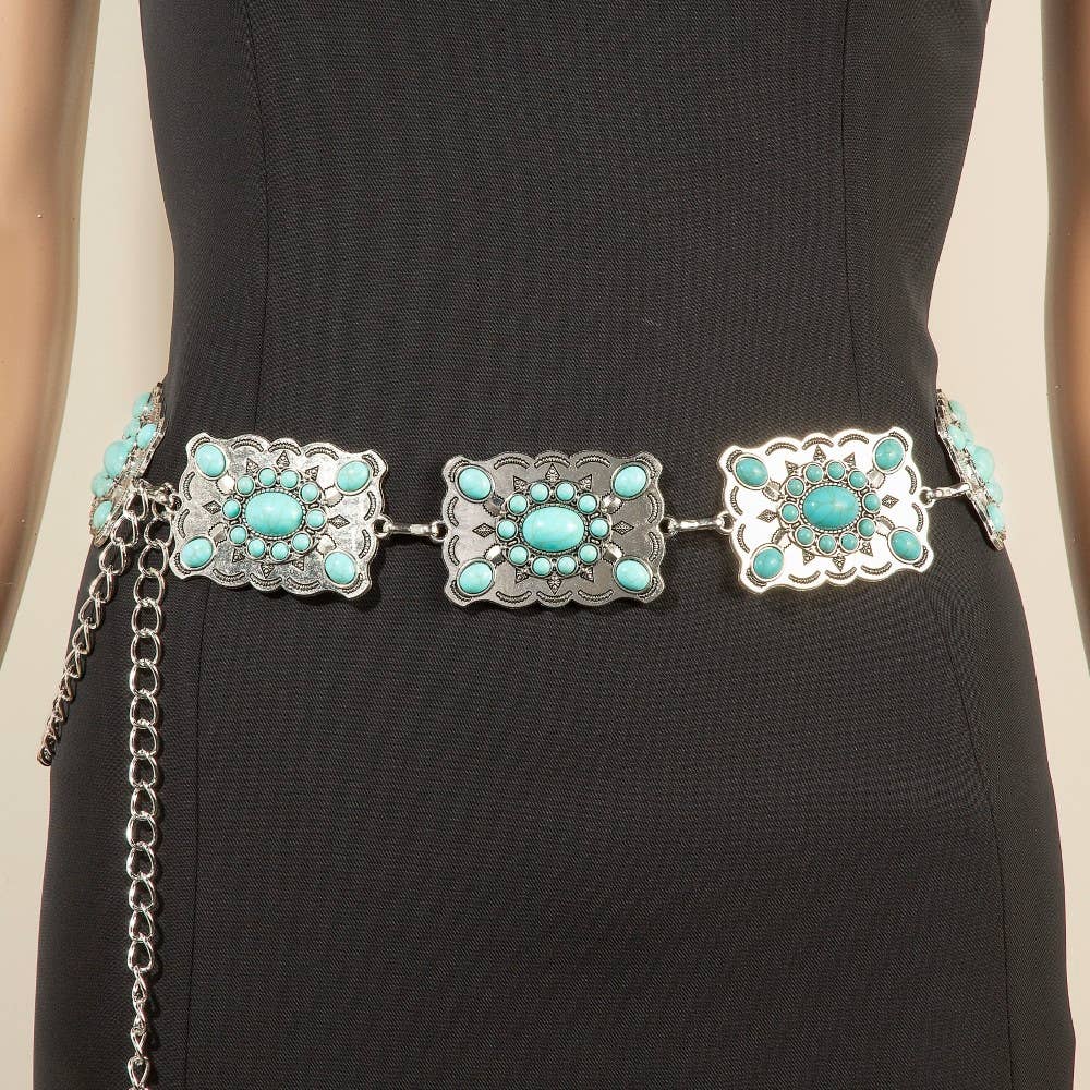 Anarchy Street Western Mixed Turquoise Stud Rectangle Concho Chain Belt
