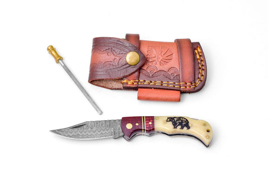 Titan International Bear Engraved Damascus Folding Knife with Leather Sheath
