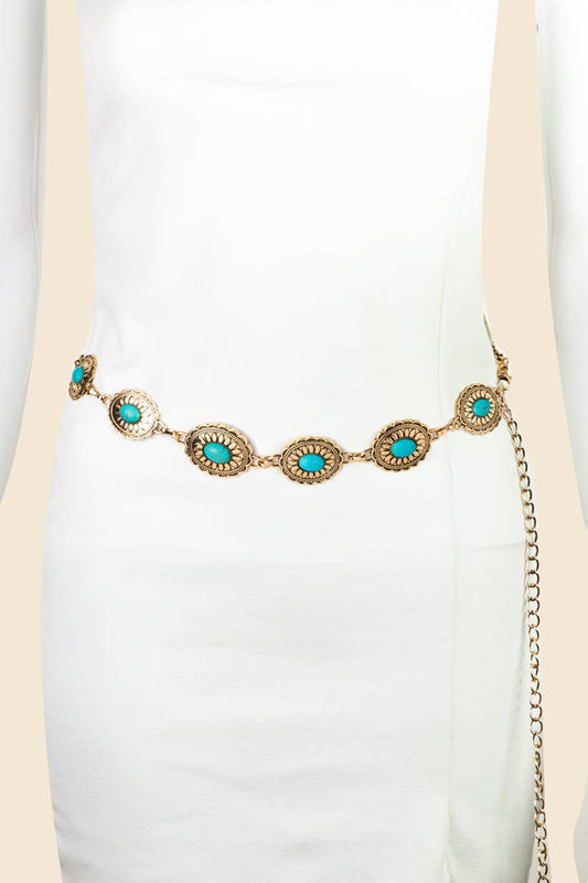Anarchy Street Floral Turquoise Concho Disc Chain Belt – G