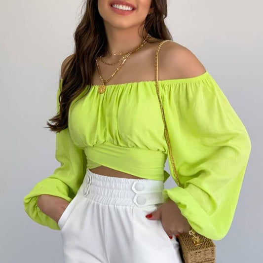 Crop Top Balloon Sleeve Straight-Neck Shirt – White