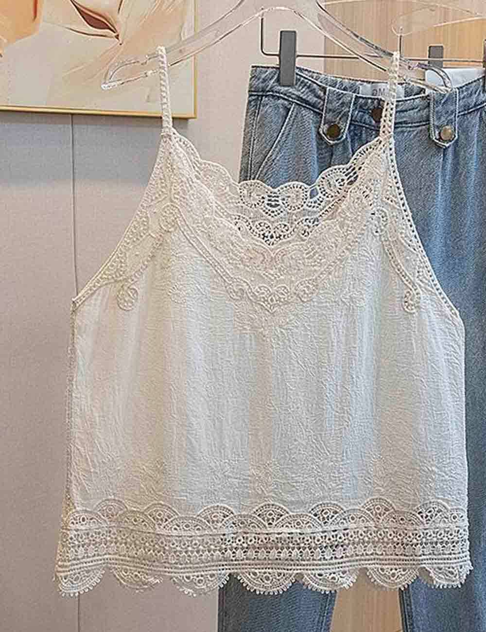Sweet Kama Ladies White V-Neck Lace Embroidery String Shoulder Cami Top