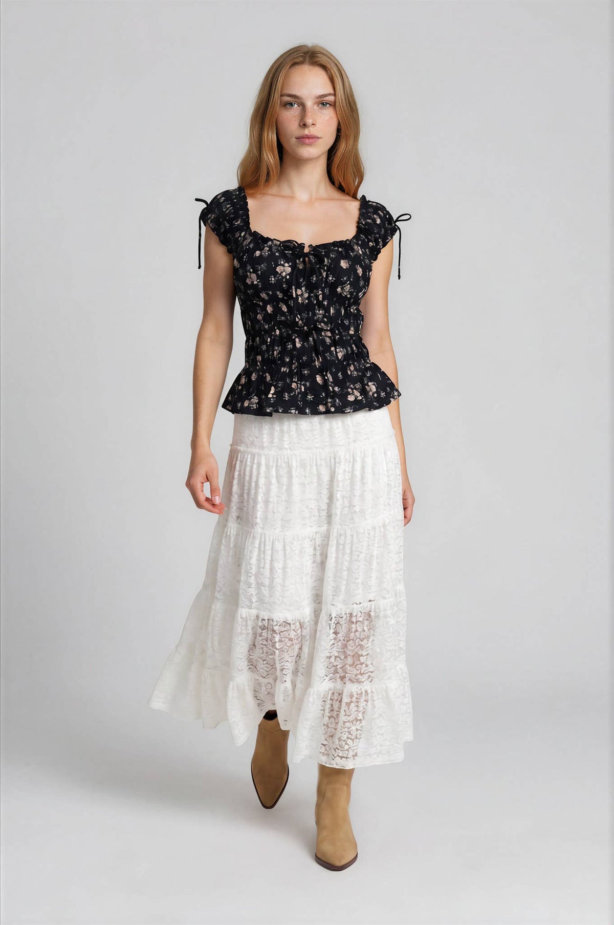Blu Pepper Floral Front Tie Shirred Waist Ruffled Top