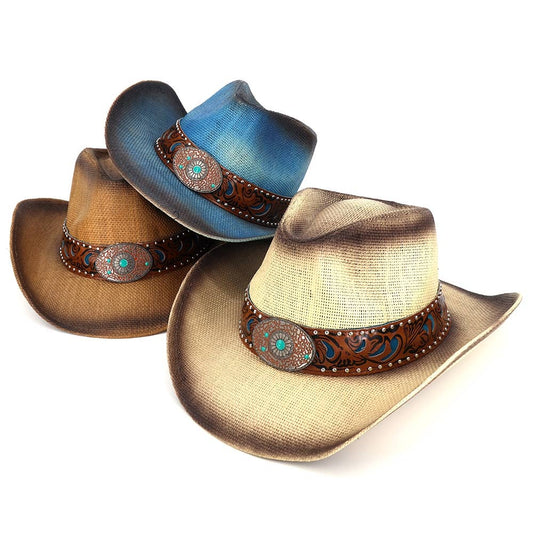 Floral Concho Band Two Tone Straw Cowboy Hat: BE