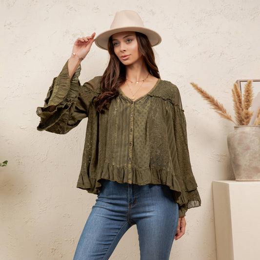 Young Threads Dreamy Sheer V-Neck Ruffled Button-Front Top – Gravel
