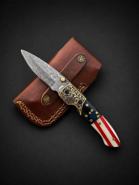 Titan International Premium Damascus Steel Folding Pocket Knife – Patriotic Edition with Leather Sheath TF-102