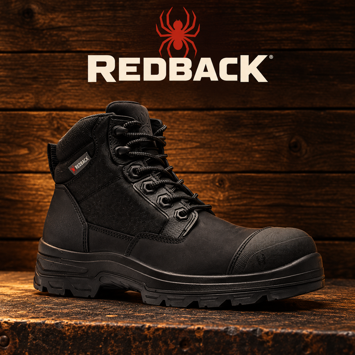 redback work boots — warm timber workshop