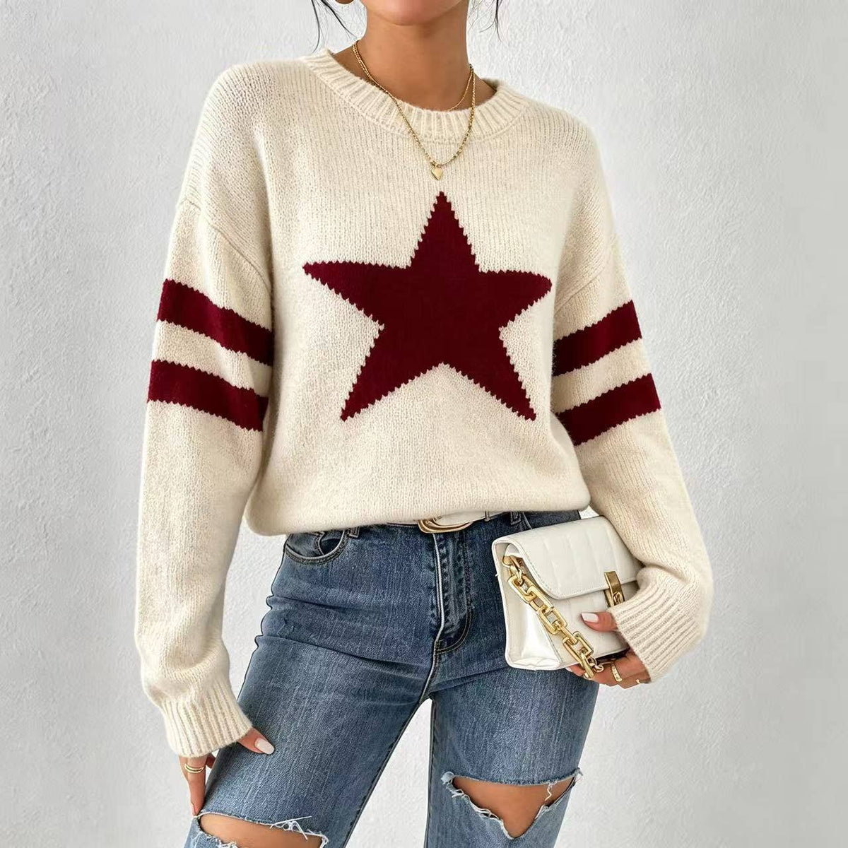 Vintage Pentagram Jacquard Stripe Sleeve Knit Sweater – Beige