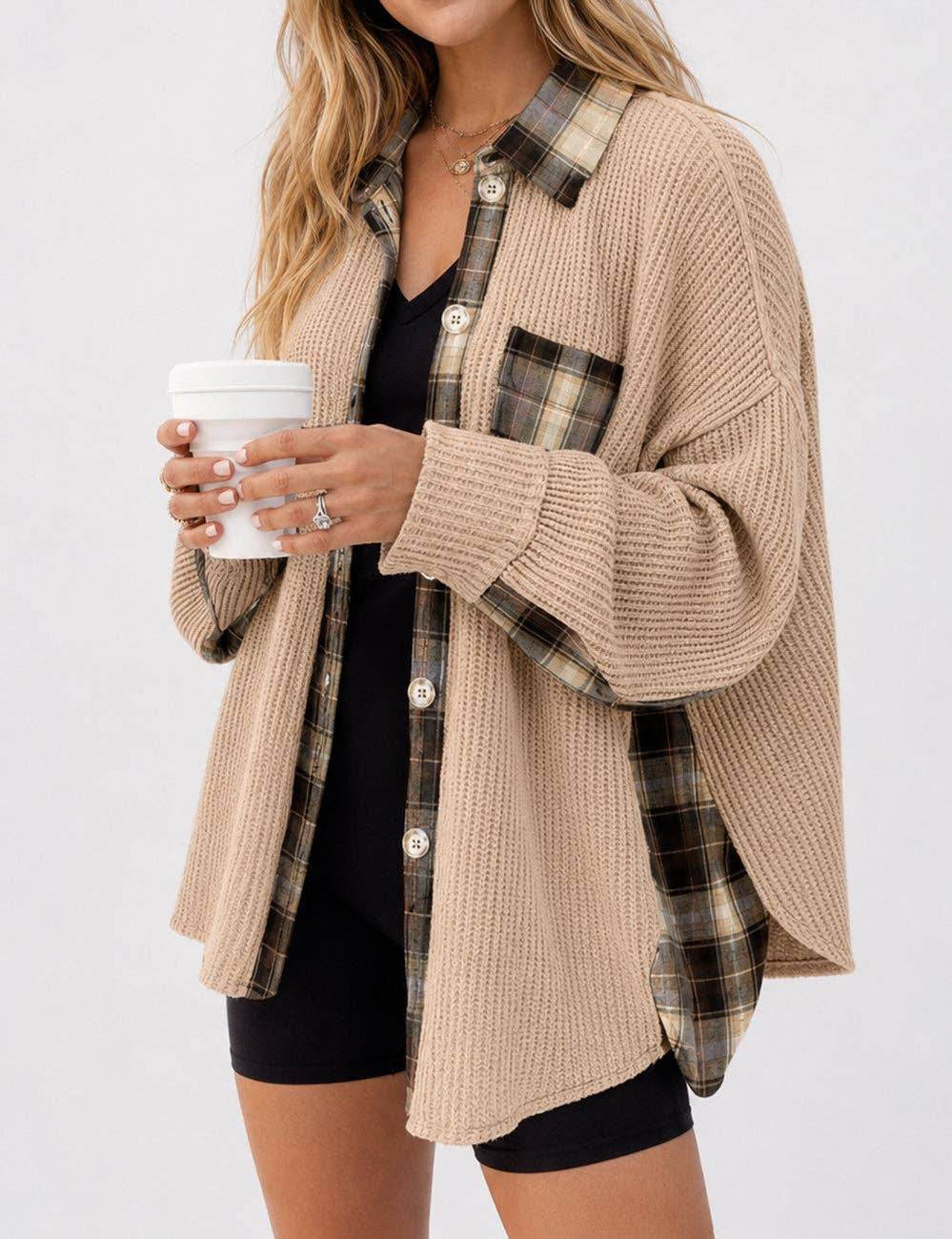 Sweet Kama Women's Plaid Waffle Button-Down Shirt – Apricot
