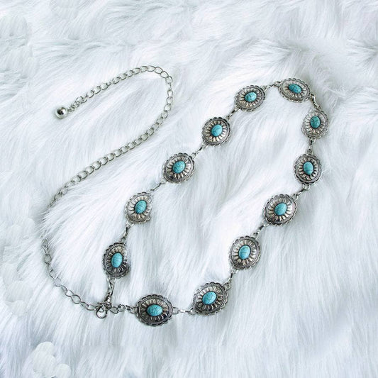 Vintage Turquoise Bohemian Metal Waist Chain: Oval / M