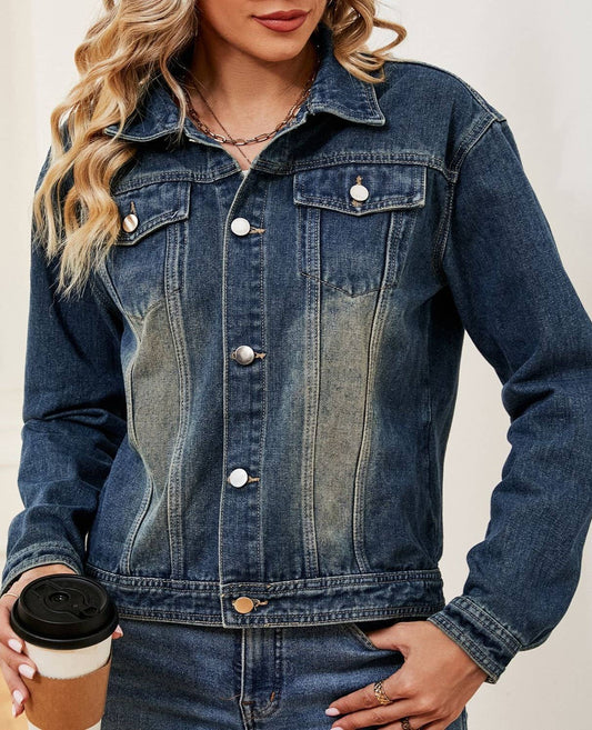 Vintage Gradient Lapel Wash Denim Jacket – DarkBlue