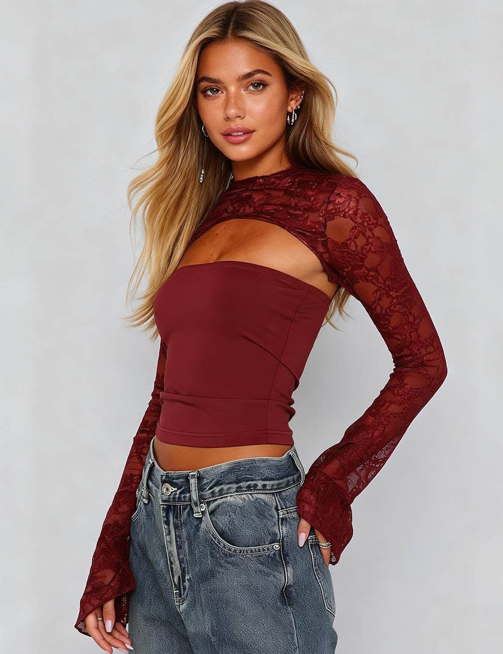 Sweet Kama Women's Lace Splice Cutout Flared Long Sleeves Bodycon Top