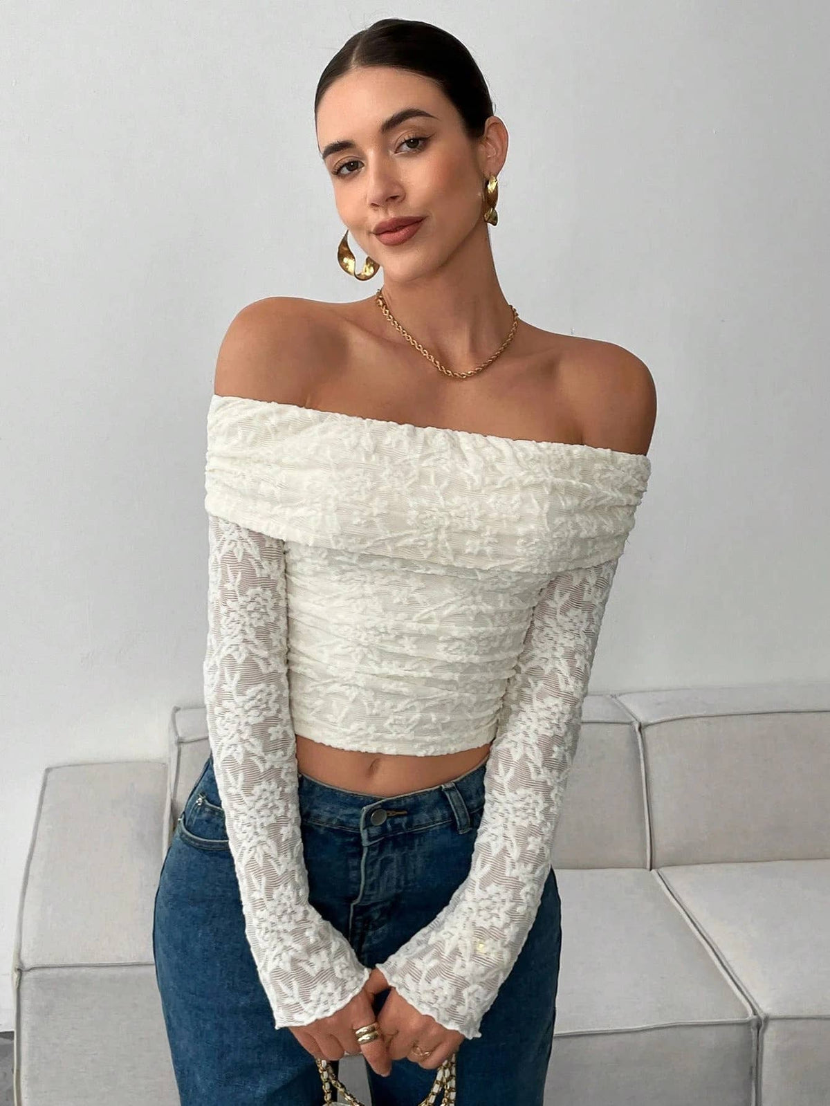 Hope & Sunshine Off Shoulder Long Sleeve Bodycon Top – Ivory