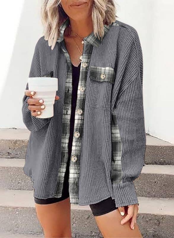 Sweet Kama Women's Plaid Waffle Button-Down Shirt – Apricot