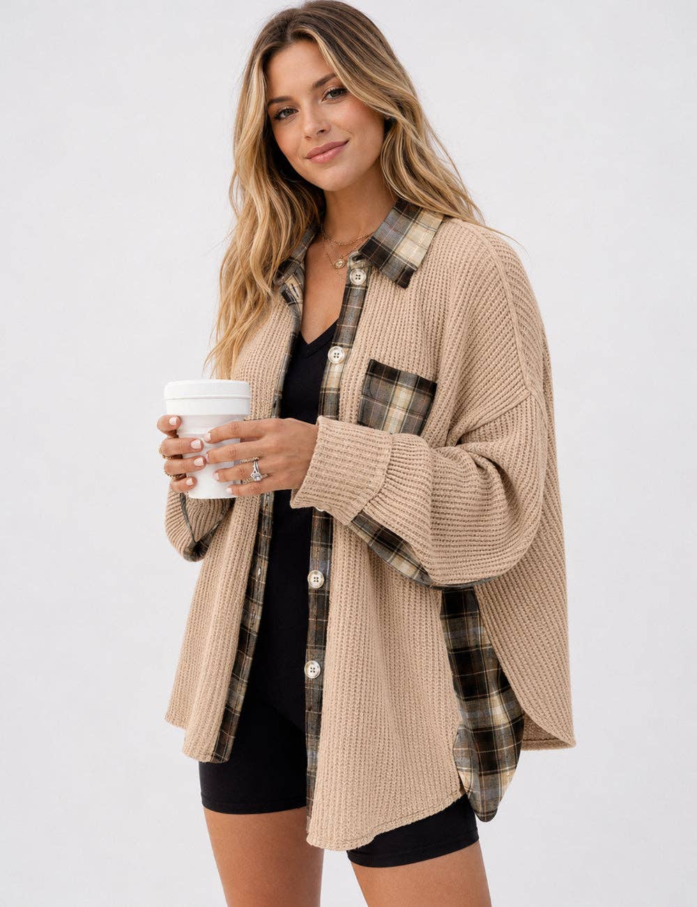 Sweet Kama Women's Plaid Waffle Button-Down Shirt – Apricot