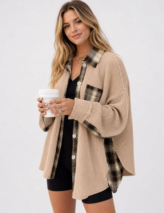 Sweet Kama Women's Plaid Waffle Button-Down Shirt – Apricot