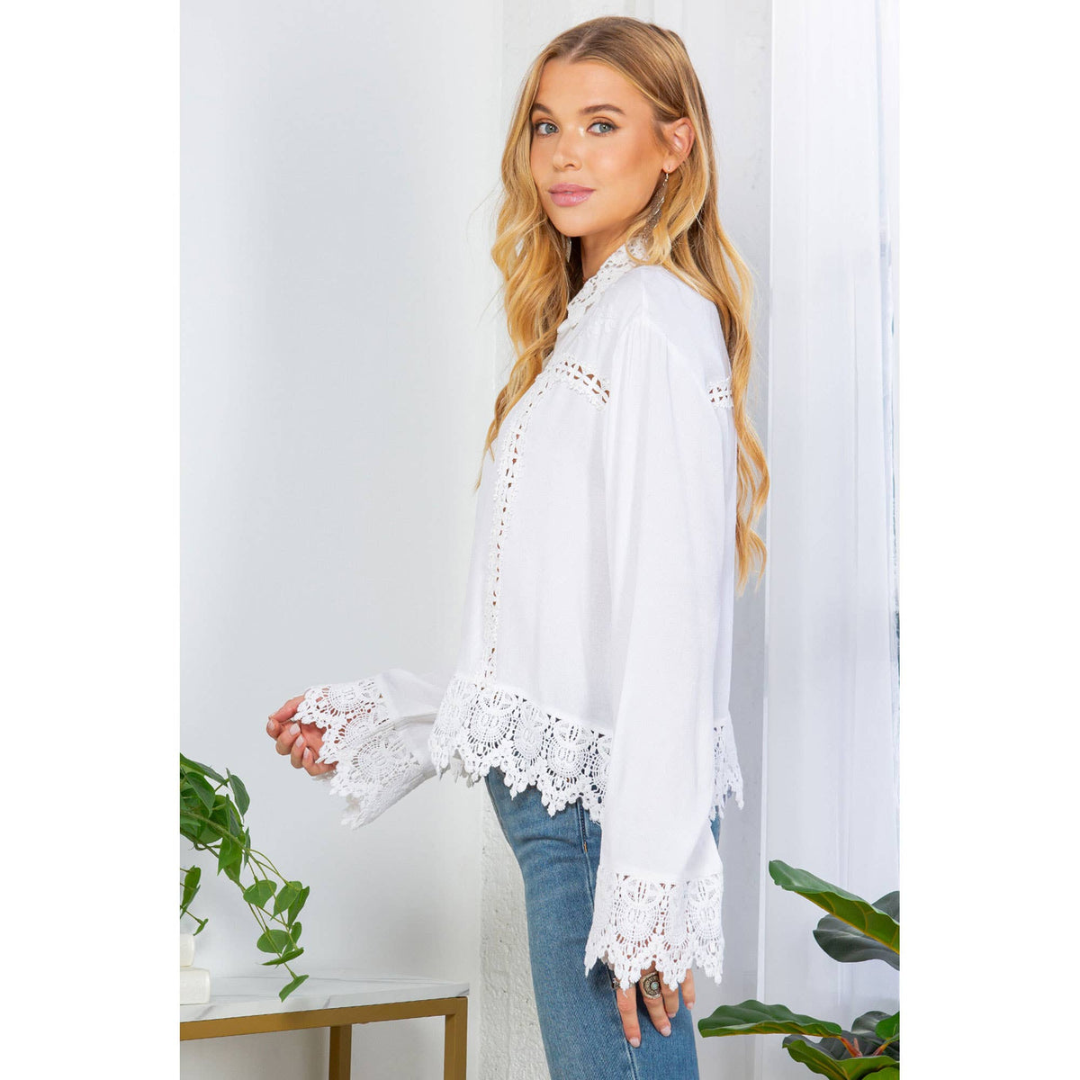 Young Threads Artisan Boho Lace Trim Button-Front Blouse Top – Khaki Green