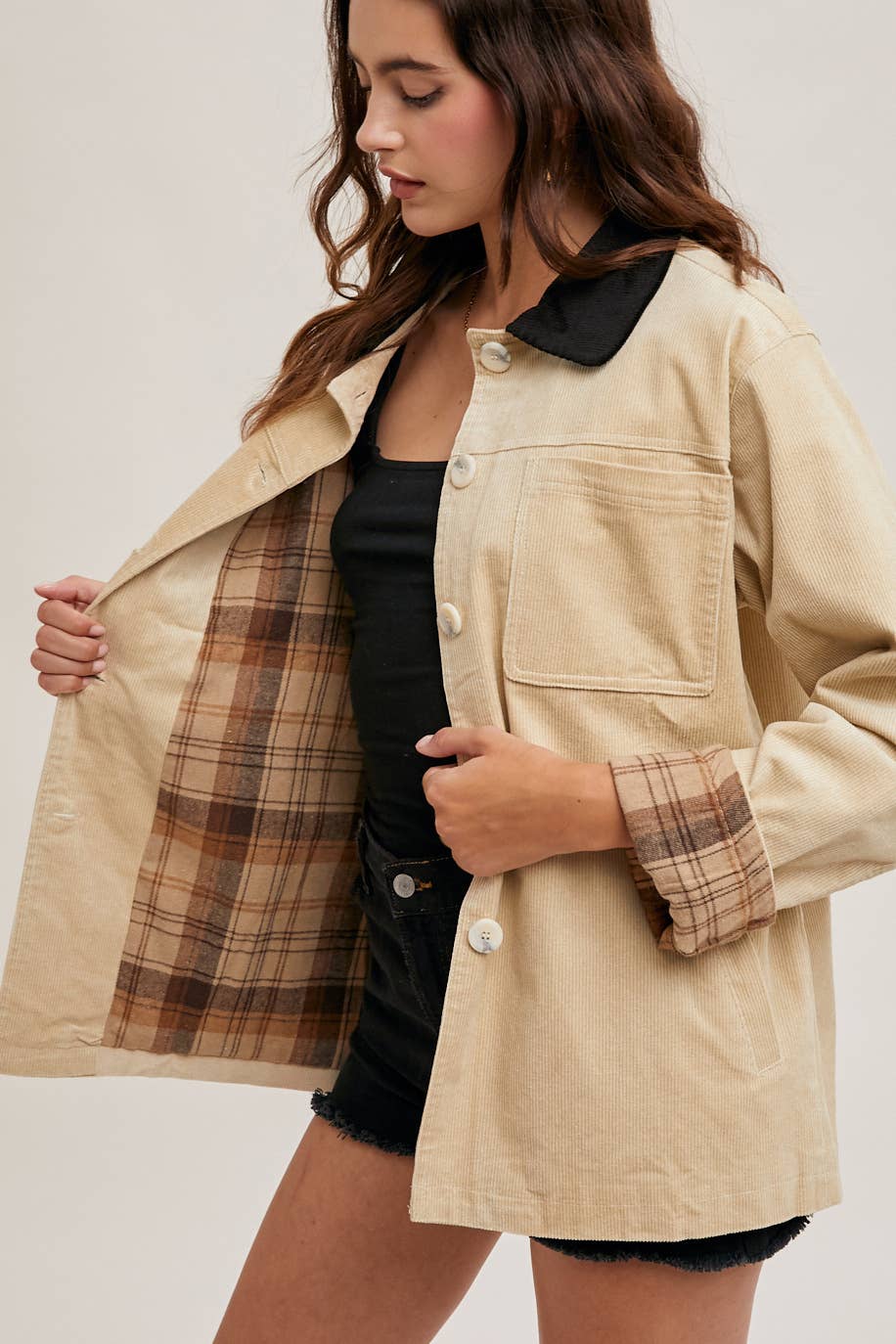 Peace Love Line Women's Corduroy Barn Coat with Plaid Lining (PL4686) – Black