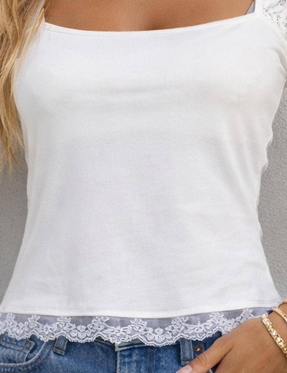 Sweet Kama Women's Sexy Square Neck Long Sleeves Lace Top – White