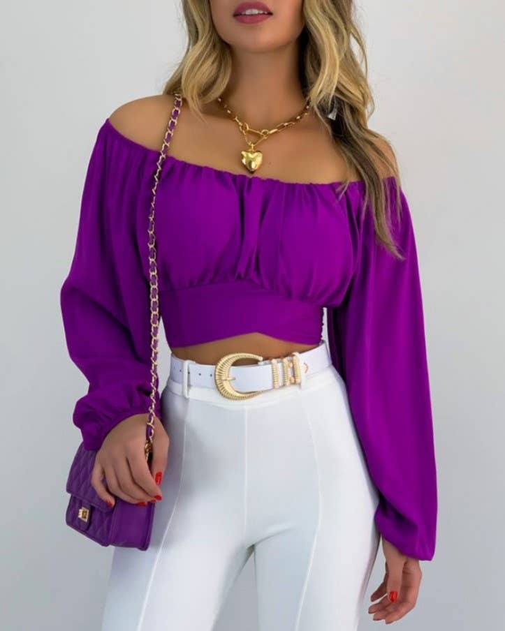 Crop Top Balloon Sleeve Straight-Neck Shirt – White