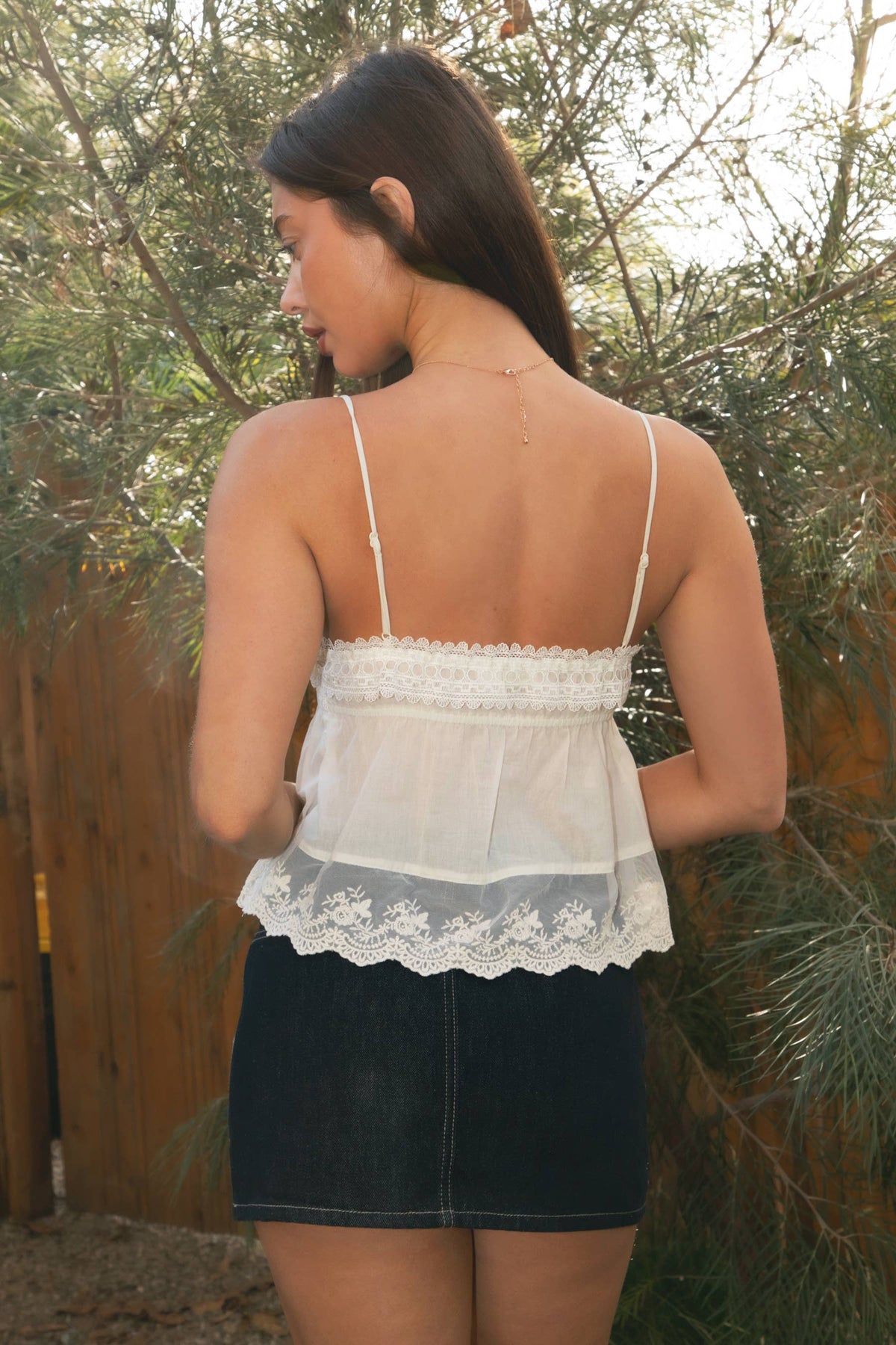 TICTOC BRIELLE Babydoll Embroidered Mesh Lace Trim V-Neck Cami Top – Cream