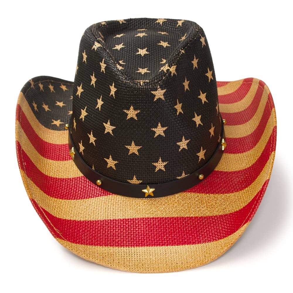 Red, Brown & Blue Americana Straw Western Hat: L/XL