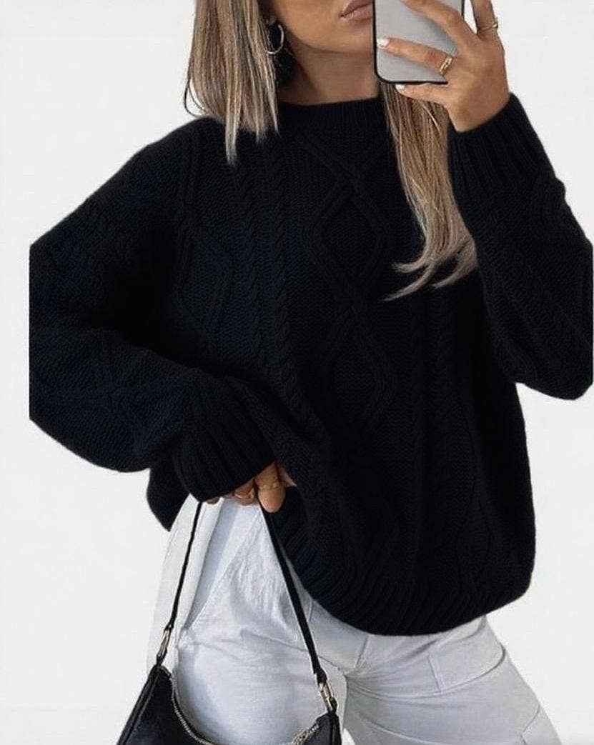 Round-neck crochet cable knit sweater – Pink