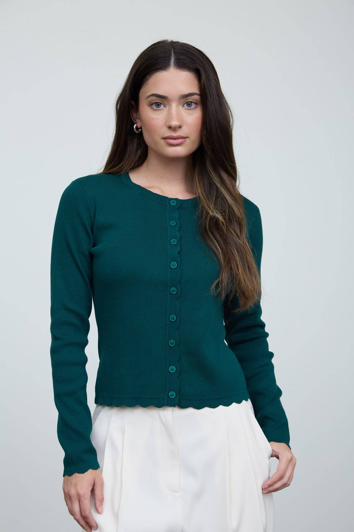 The Workshop Studio Scalloped Button Detail Long Sleeve Knit Cardigan