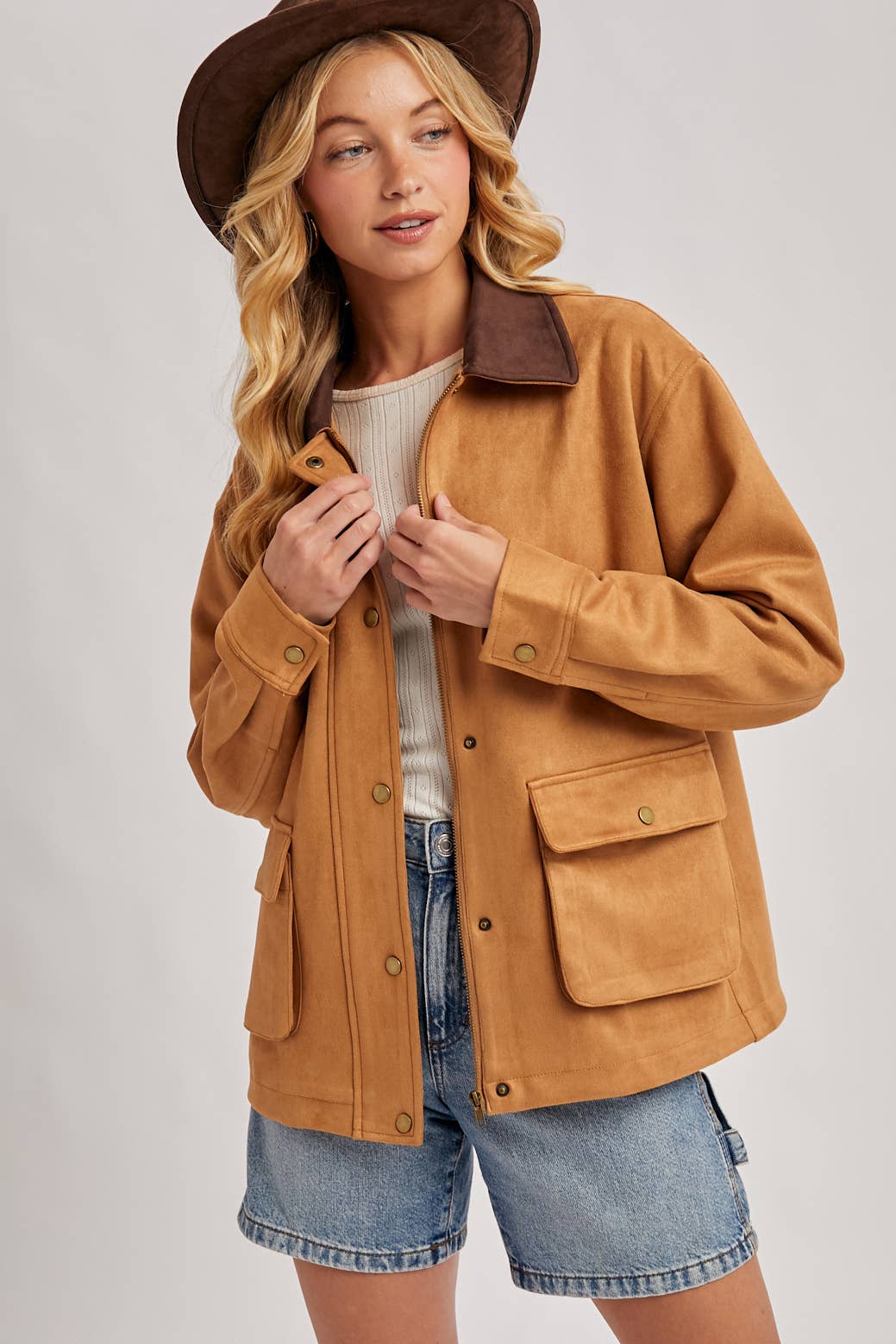 Peace Love Line Women's Faux Suede Button-Down Jacket (PL9022) – Camel