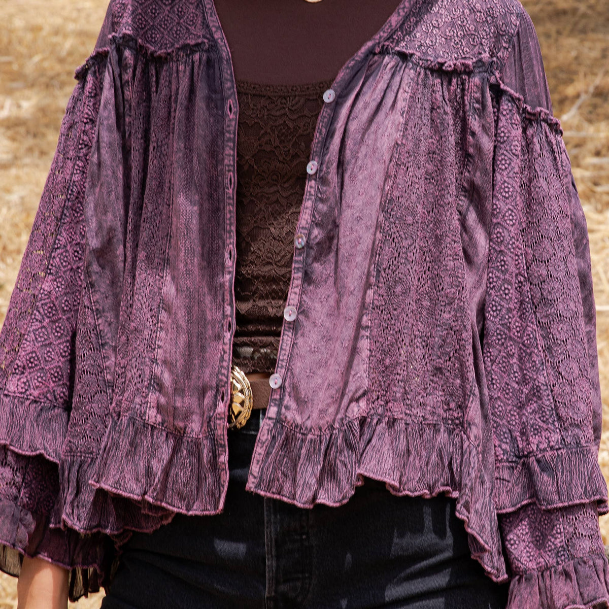 Young Threads Dreamy Sheer V-Neck Ruffled Button-Front Top – Gravel