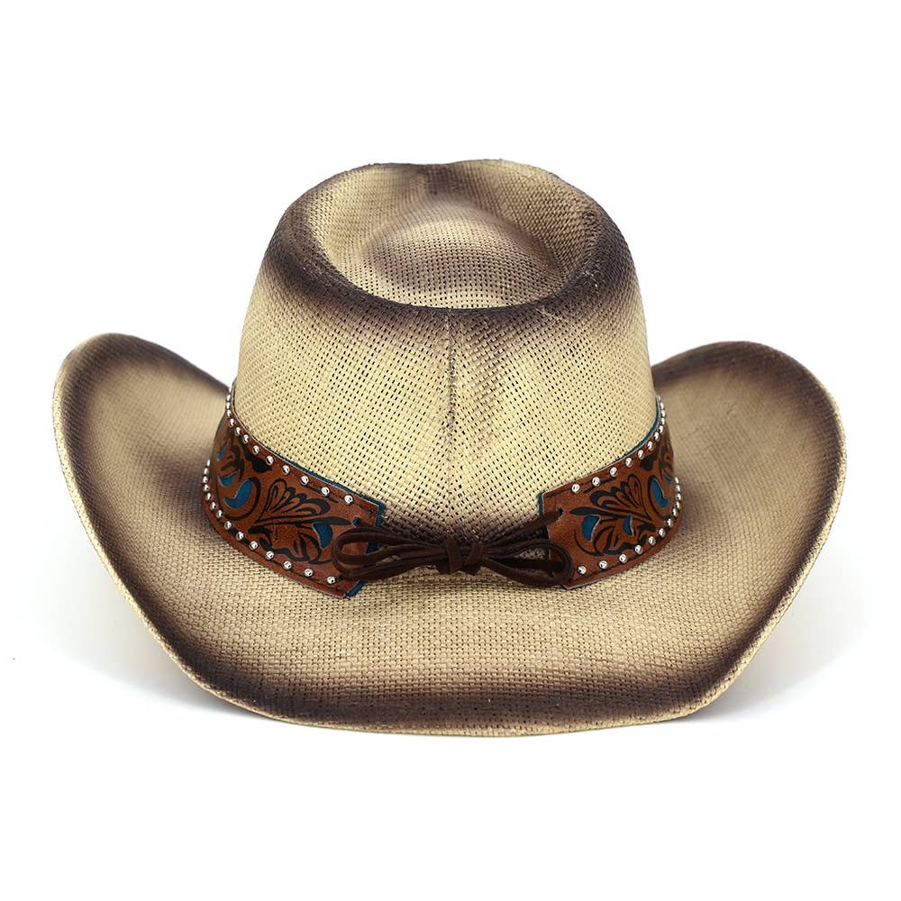 Floral Concho Band Two Tone Straw Cowboy Hat: BE