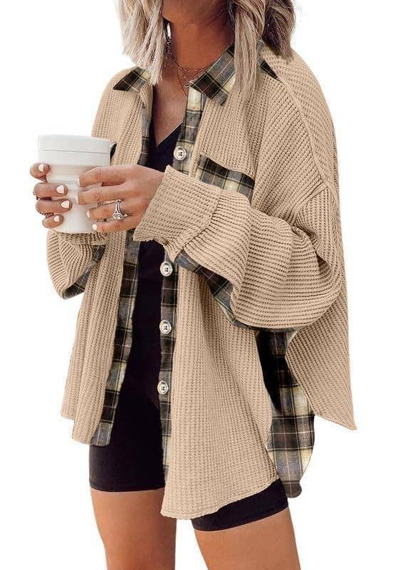 Sweet Kama Women's Plaid Waffle Button-Down Shirt – Apricot