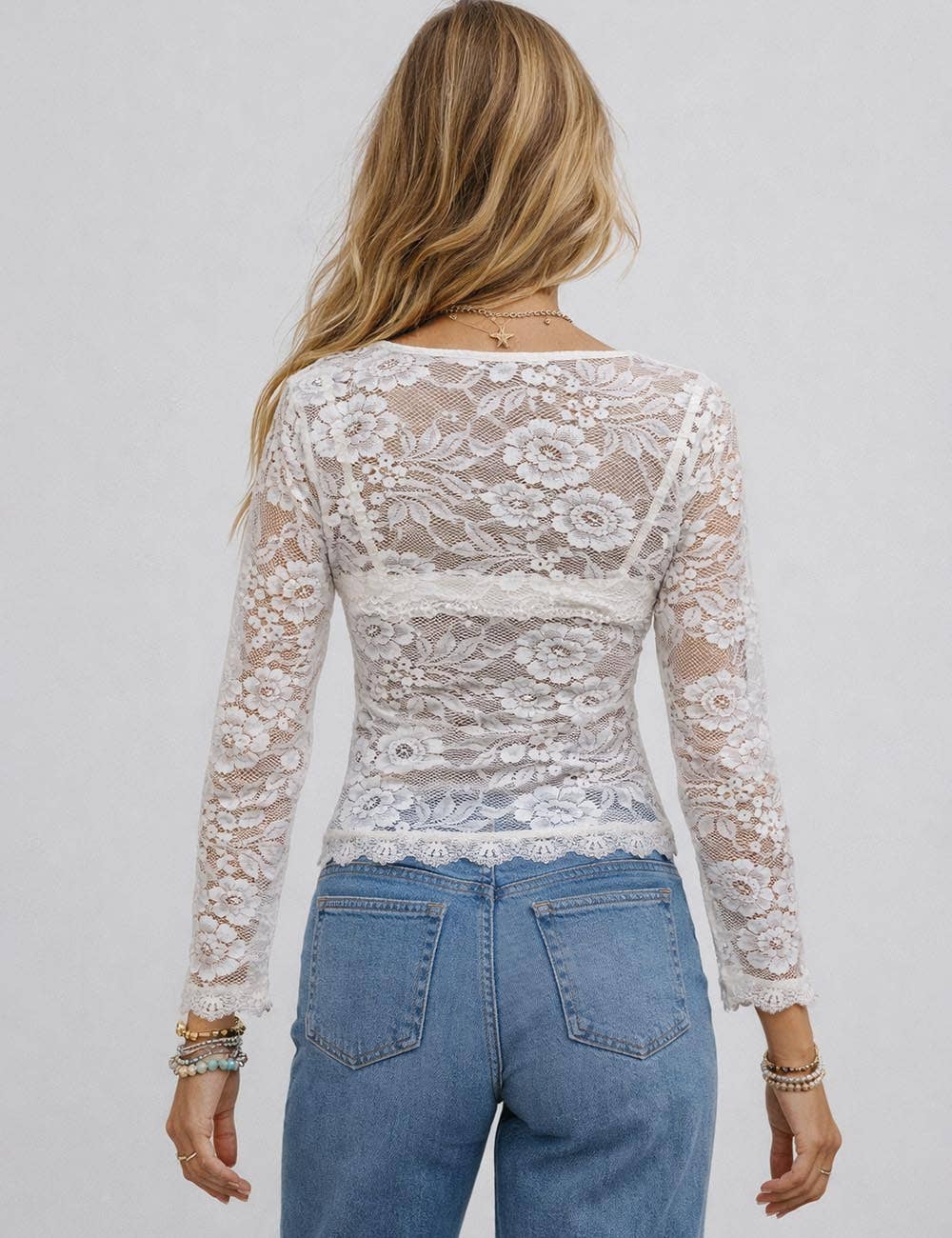 Sweet Kama Women's Sexy Square Neck Long Sleeves Lace Top – White