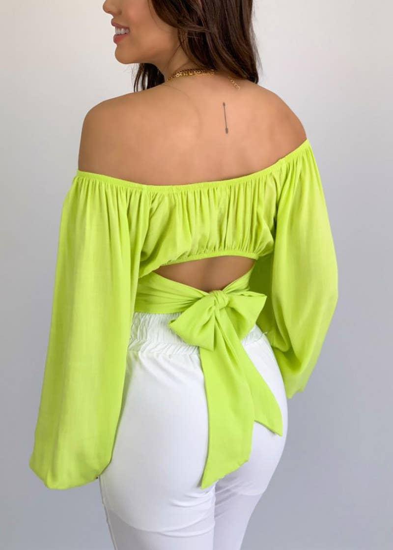 Crop Top Balloon Sleeve Straight-Neck Shirt – White