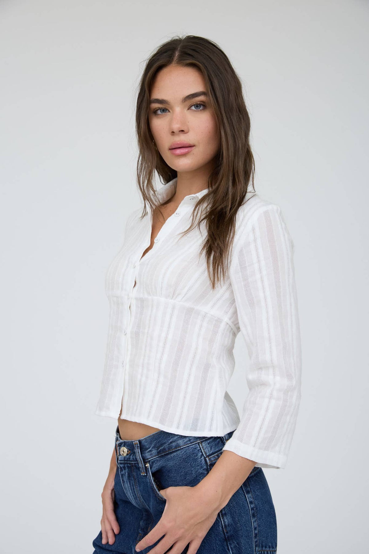 Blu Pepper Stripe Collared Long Sleeve Empire Waist Top – Brown