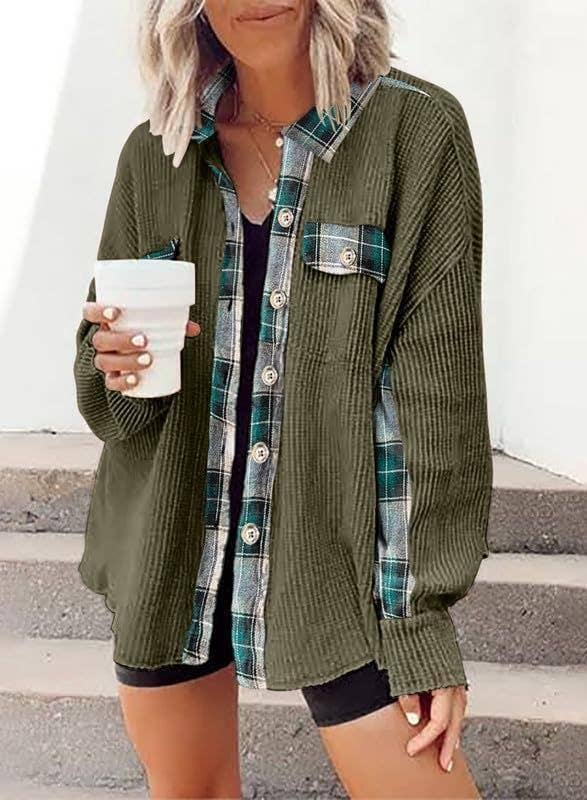 Sweet Kama Women's Plaid Waffle Button-Down Shirt – Apricot