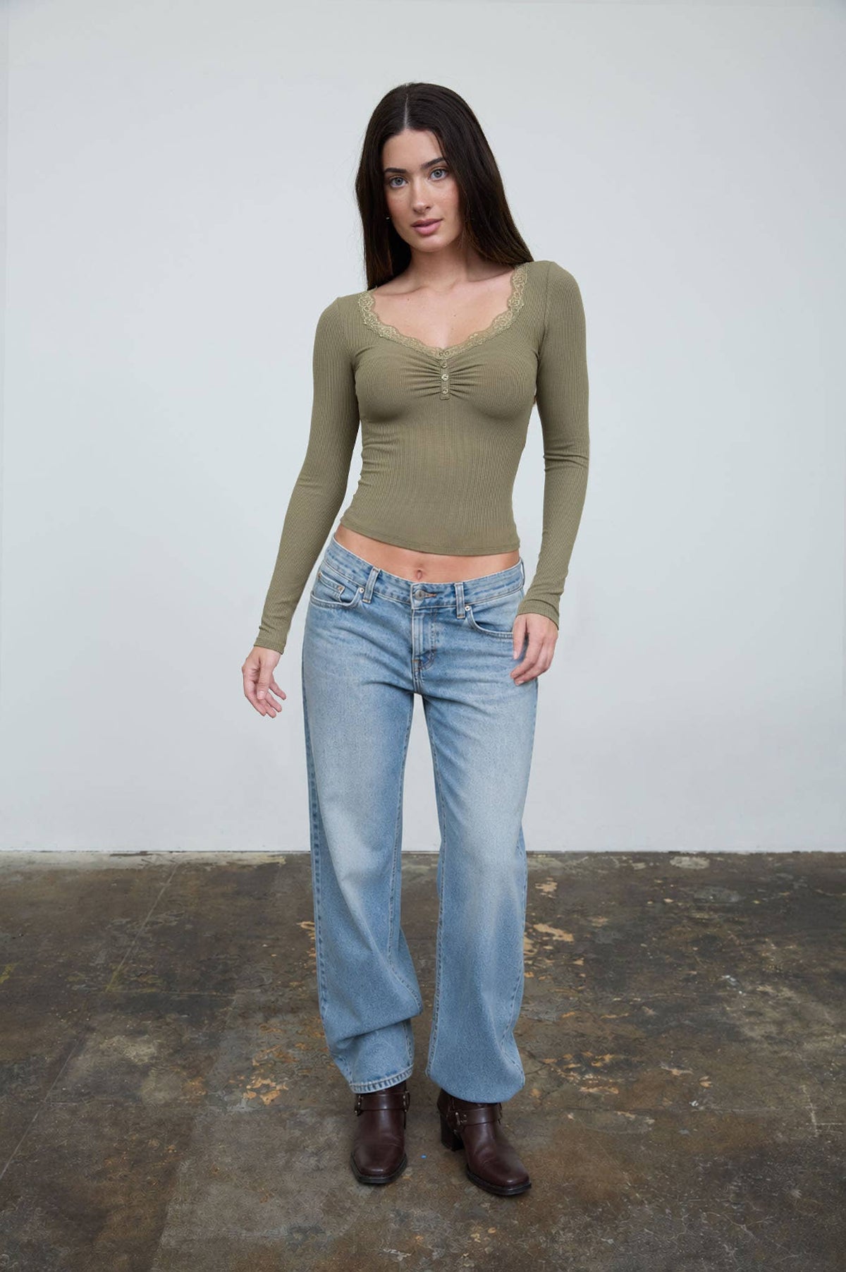The Workshop Studio Lace Trim Button Detail Long Sleeve Knit Top