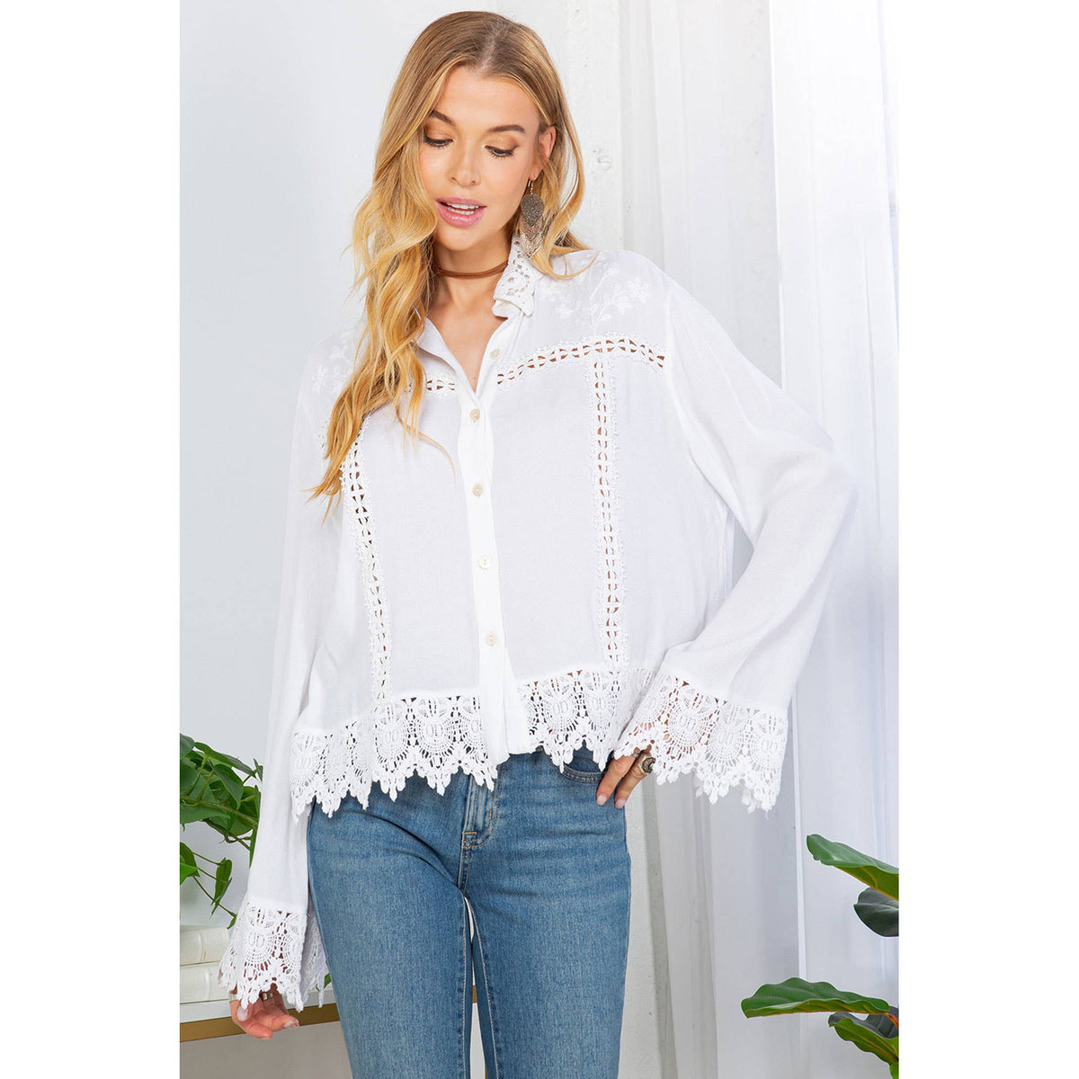 Young Threads Artisan Boho Lace Trim Button-Front Blouse Top – Khaki Green