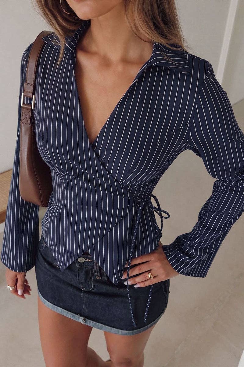 Soli Echo Striped Wrap V-Neck Tie Waist Blouse