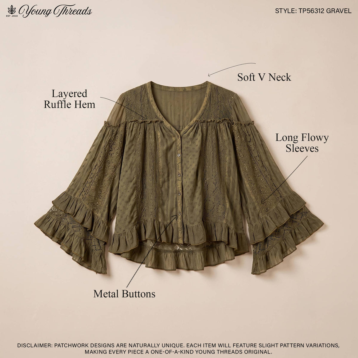 Young Threads Dreamy Sheer V-Neck Ruffled Button-Front Top – Gravel