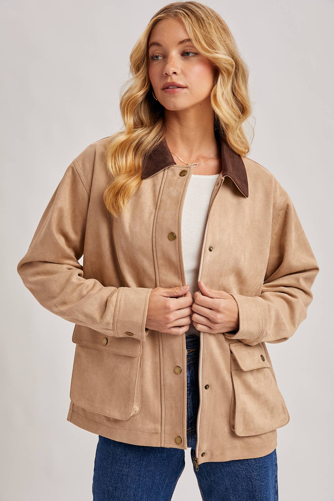 Peace Love Line Women's Faux Suede Button-Down Jacket (PL9022) – Camel