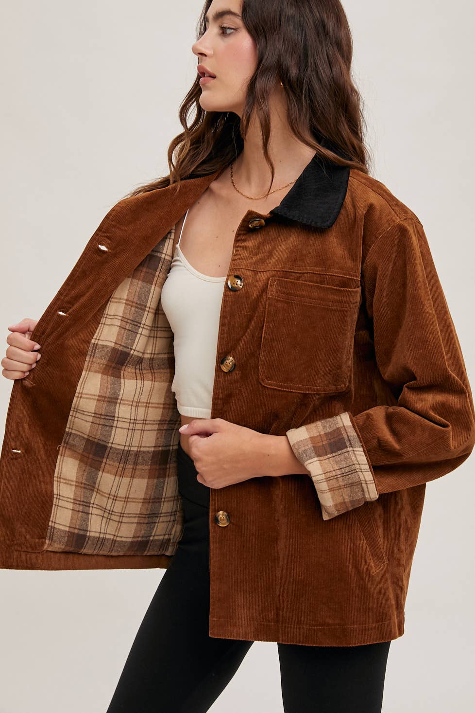 Peace Love Line Women's Corduroy Barn Coat with Plaid Lining (PL4686) – Black